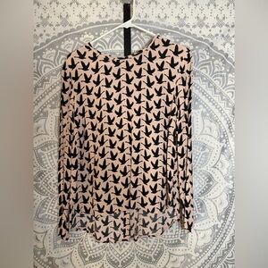 H&M Blush and Black Bird Patterned Blouse-Buttons up Back